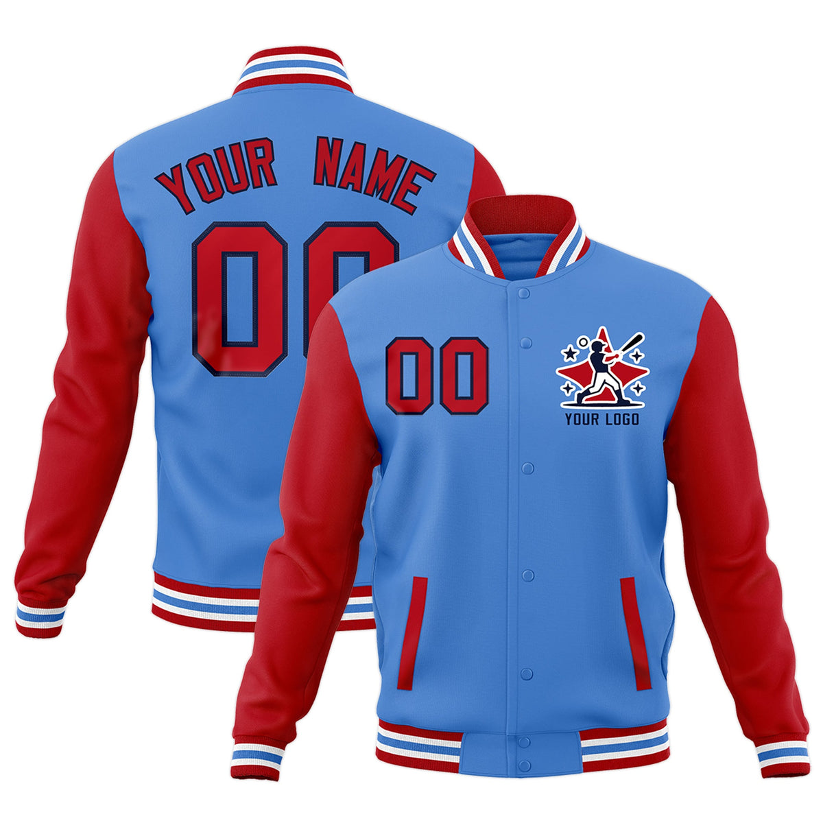 Custom Powder Blue Red White Raglan Sleeves Full-Snap Letterman Cotton Fabric Jacket| KXKSHOP