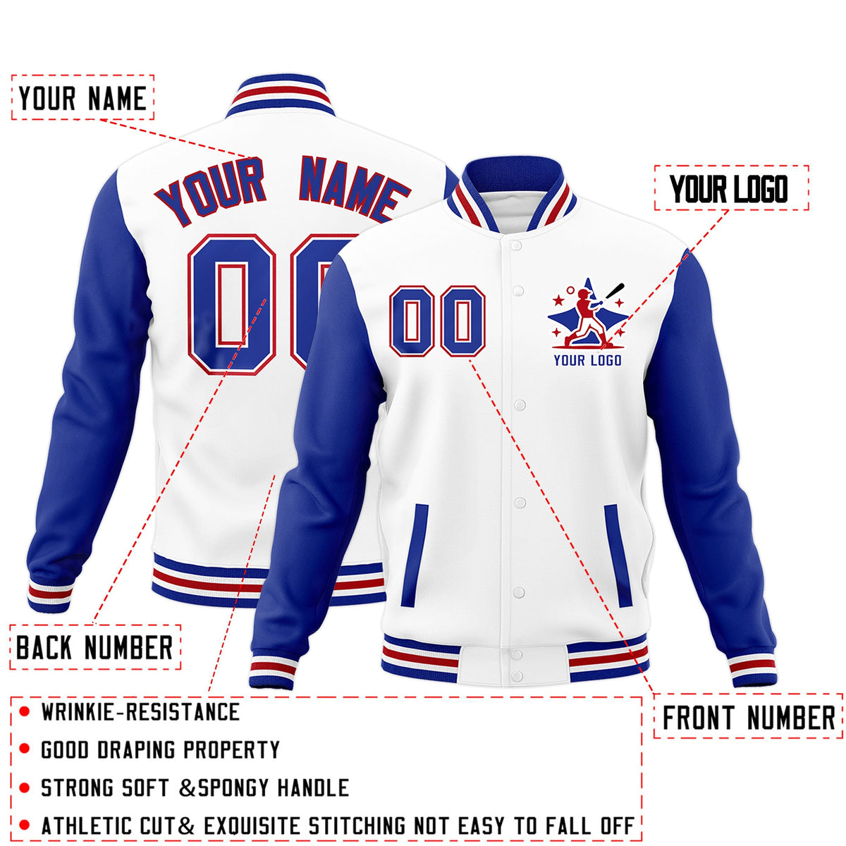 Custom White Red Royal Blue Raglan Sleeves Full-Snap Letterman Cotton Fabric Jacket| KXKSHOP