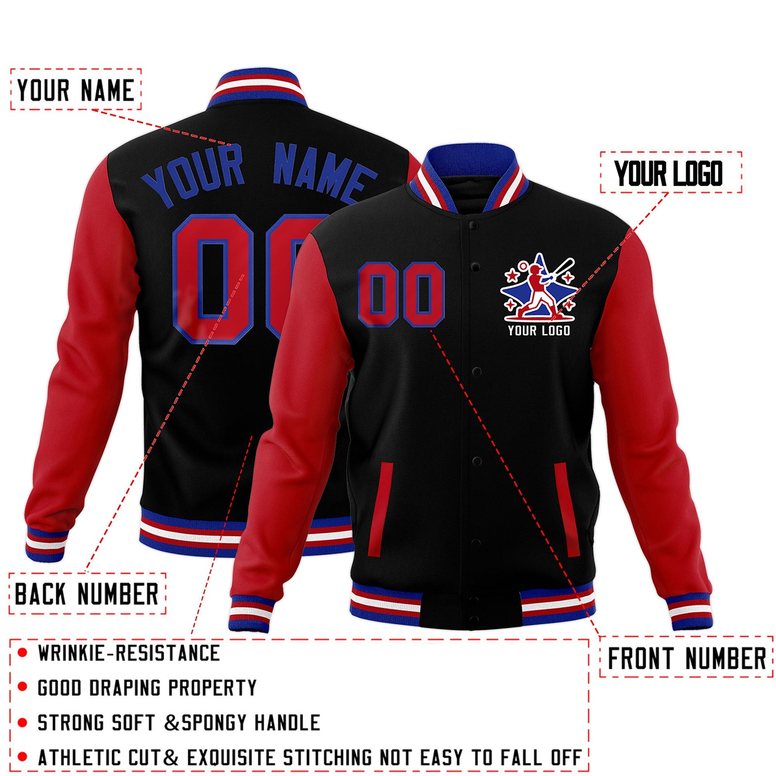 Custom Black Red Royal Blue Raglan Sleeves Full-Snap Letterman Cotton Fabric Jacket| KXKSHOP
