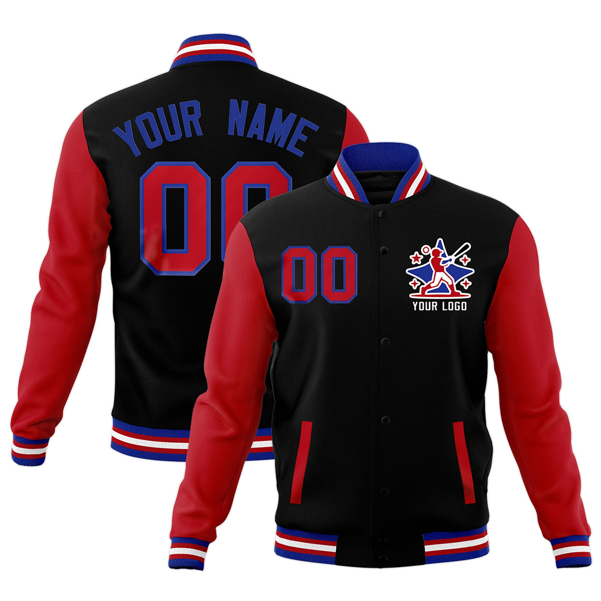 Custom Black Red Royal Blue Raglan Sleeves Full-Snap Letterman Cotton Fabric Jacket| KXKSHOP