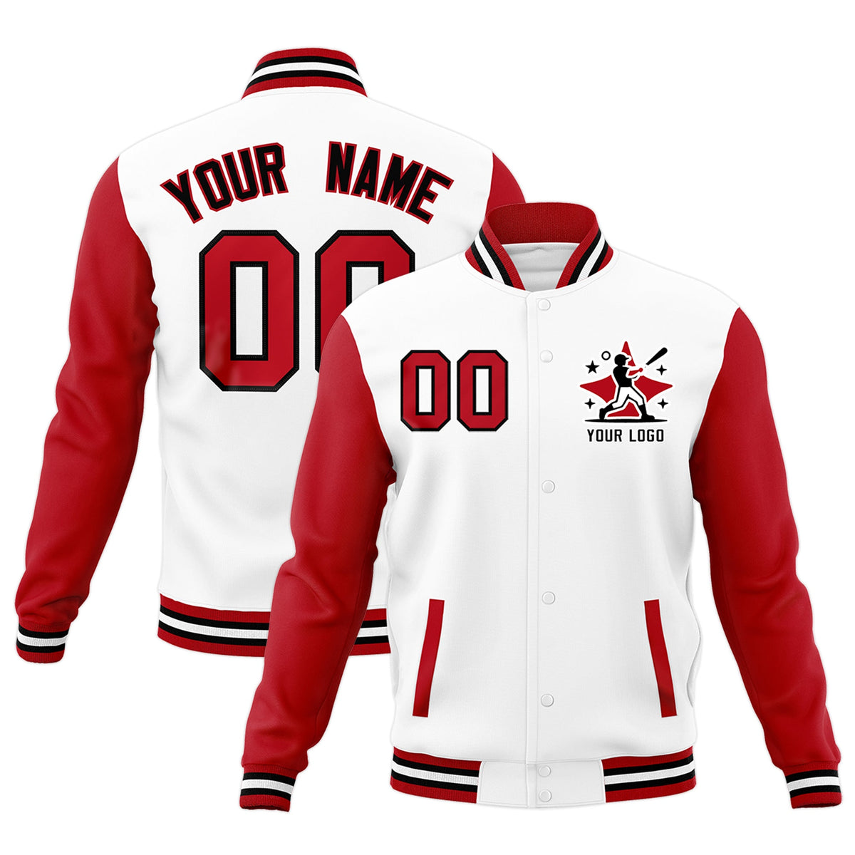 Custom White Black Red Raglan Sleeves Full-Snap Letterman Cotton Fabric Jacket| KXKSHOP