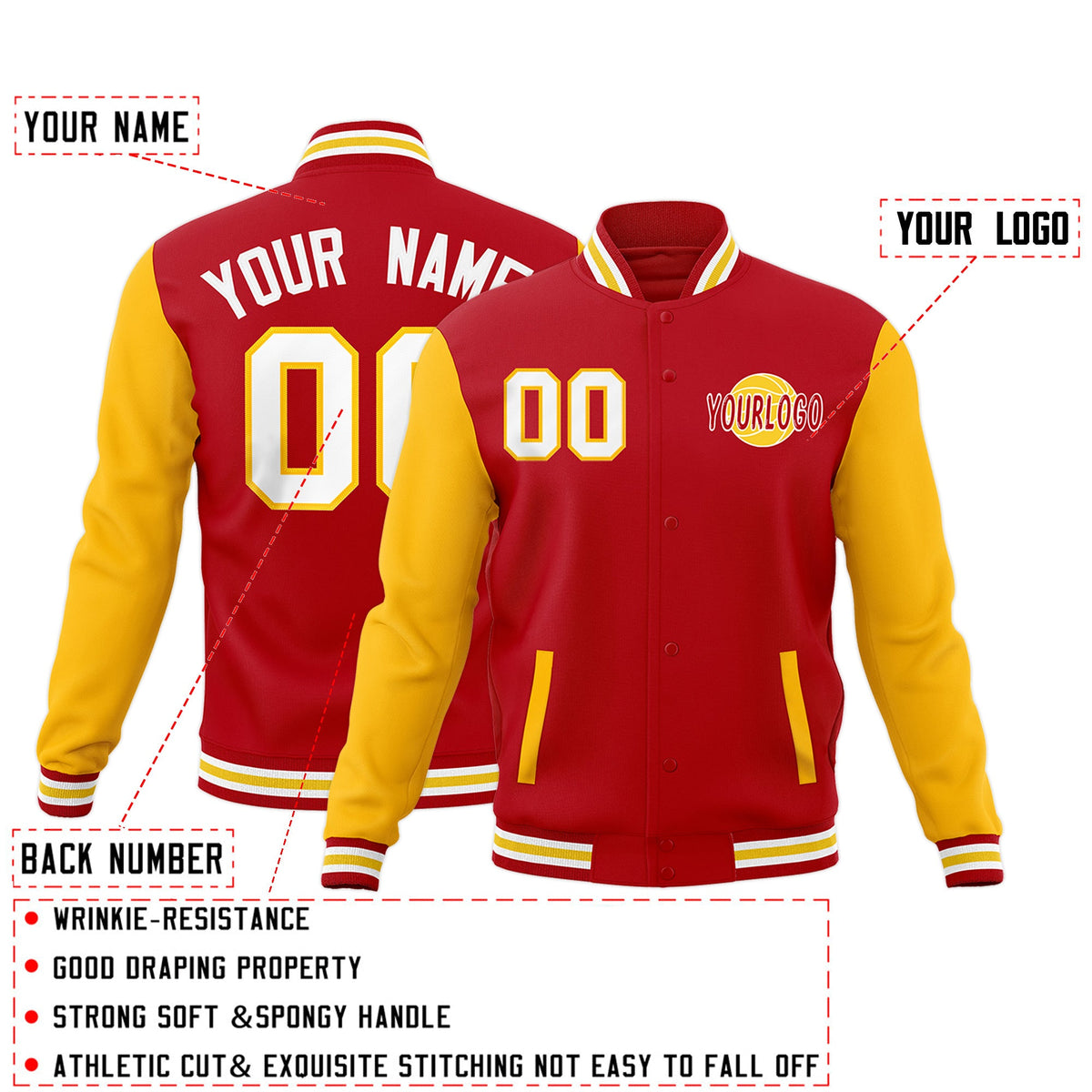 Custom Red White Gold Raglan Sleeves Classic Style Letterman Cotton Fabric Jacket| KXKSHOP