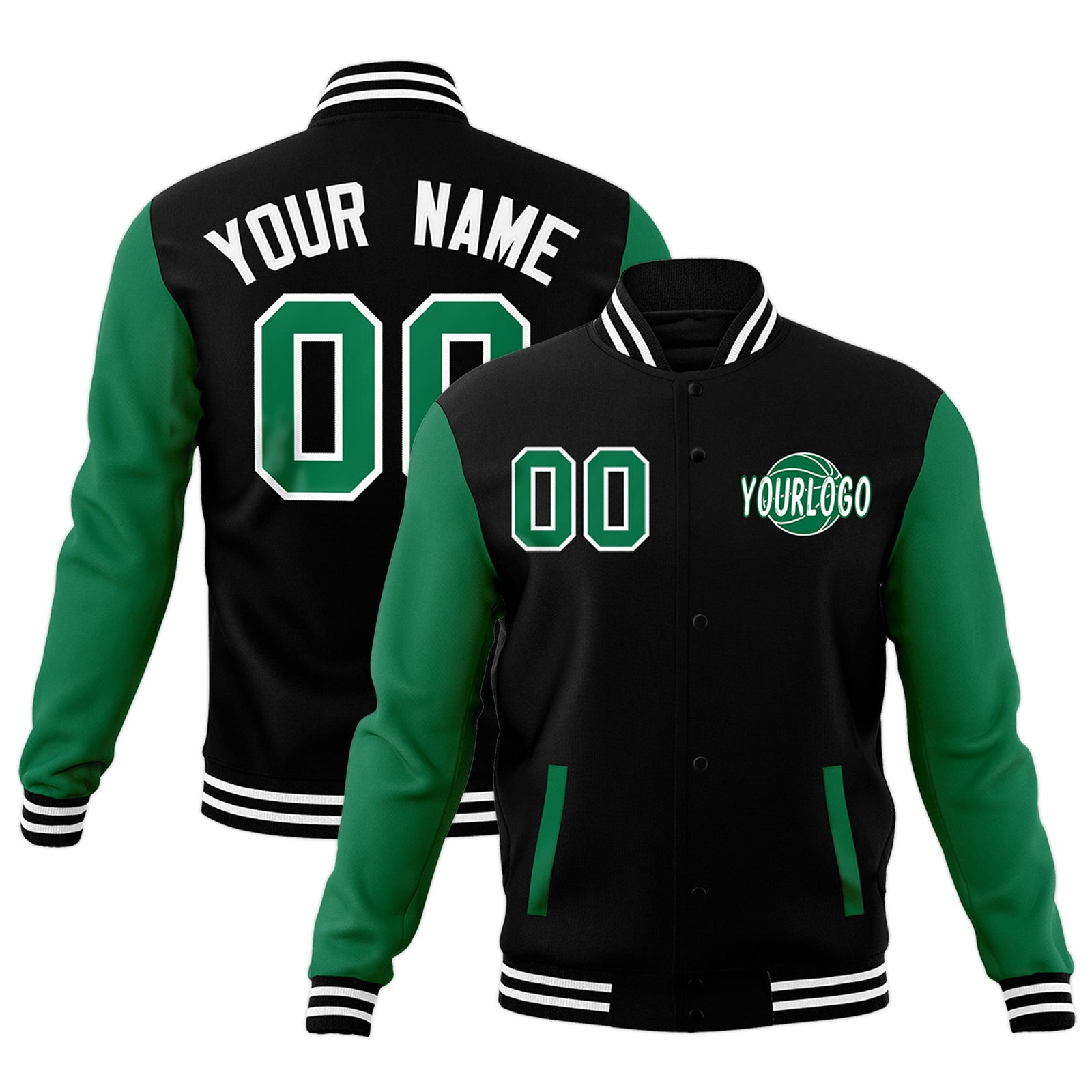 Custom Black Kelly Green White Raglan Sleeves Classic Style Letterman Cotton Fabric Jacket| KXKSHOP