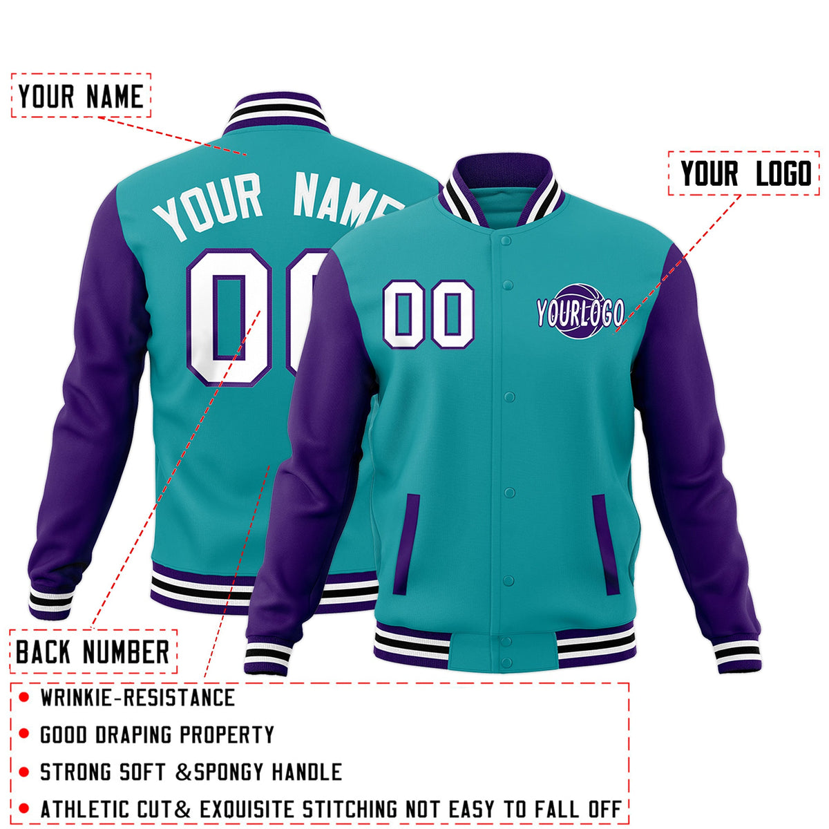 Custom Aqua Purple White Raglan Sleeves Classic Style Letterman Cotton Fabric Jacket| KXKSHOP
