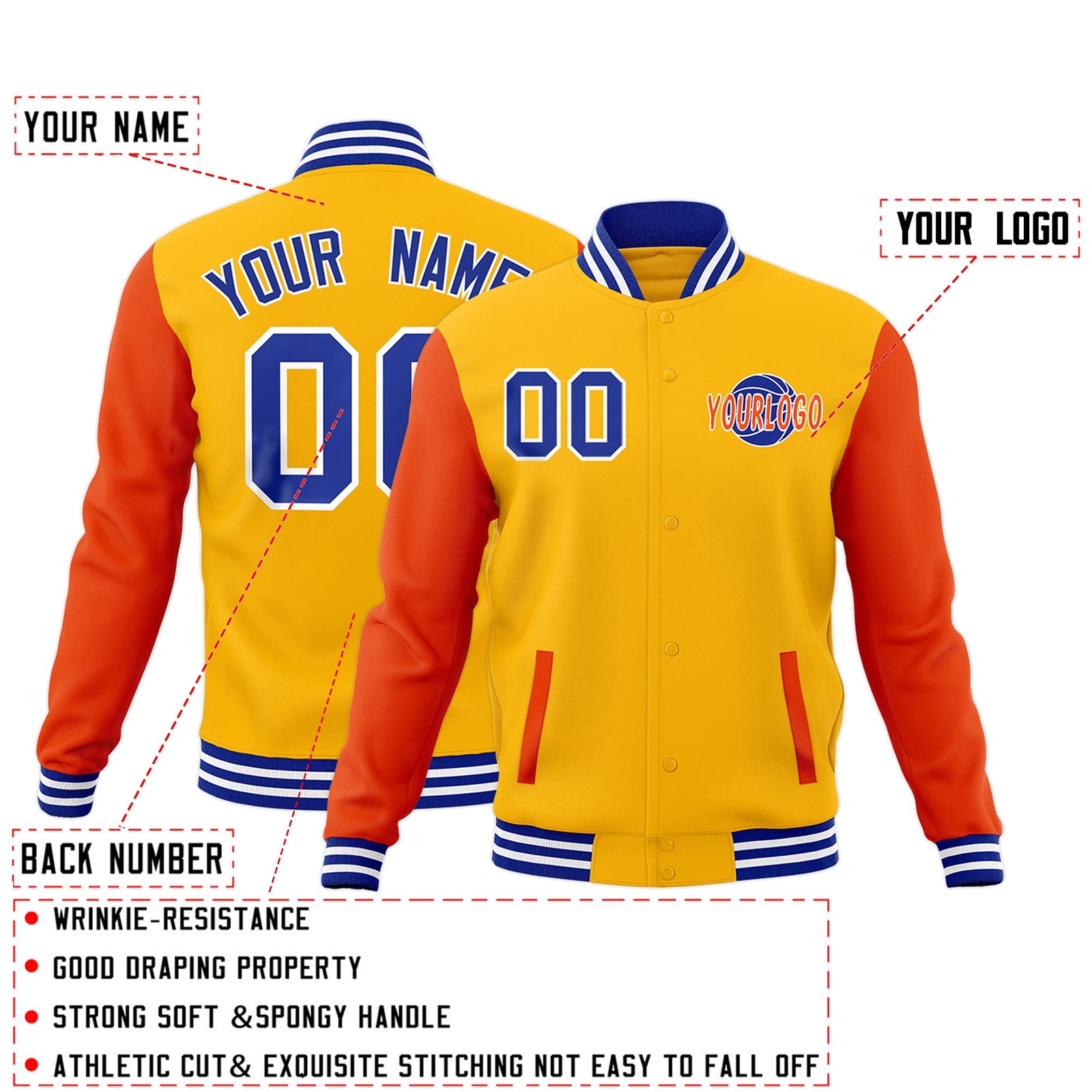 Custom Orange Royal Blue White Raglan Sleeves Classic Style Letterman Cotton Fabric Jacket| KXKSHOP