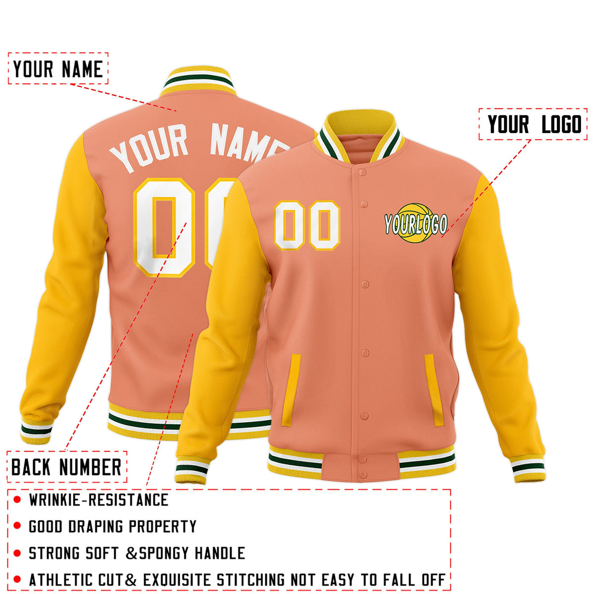 Custom Light Orange Gold White Raglan Sleeves Classic Style Letterman Cotton Fabric Jacket| KXKSHOP