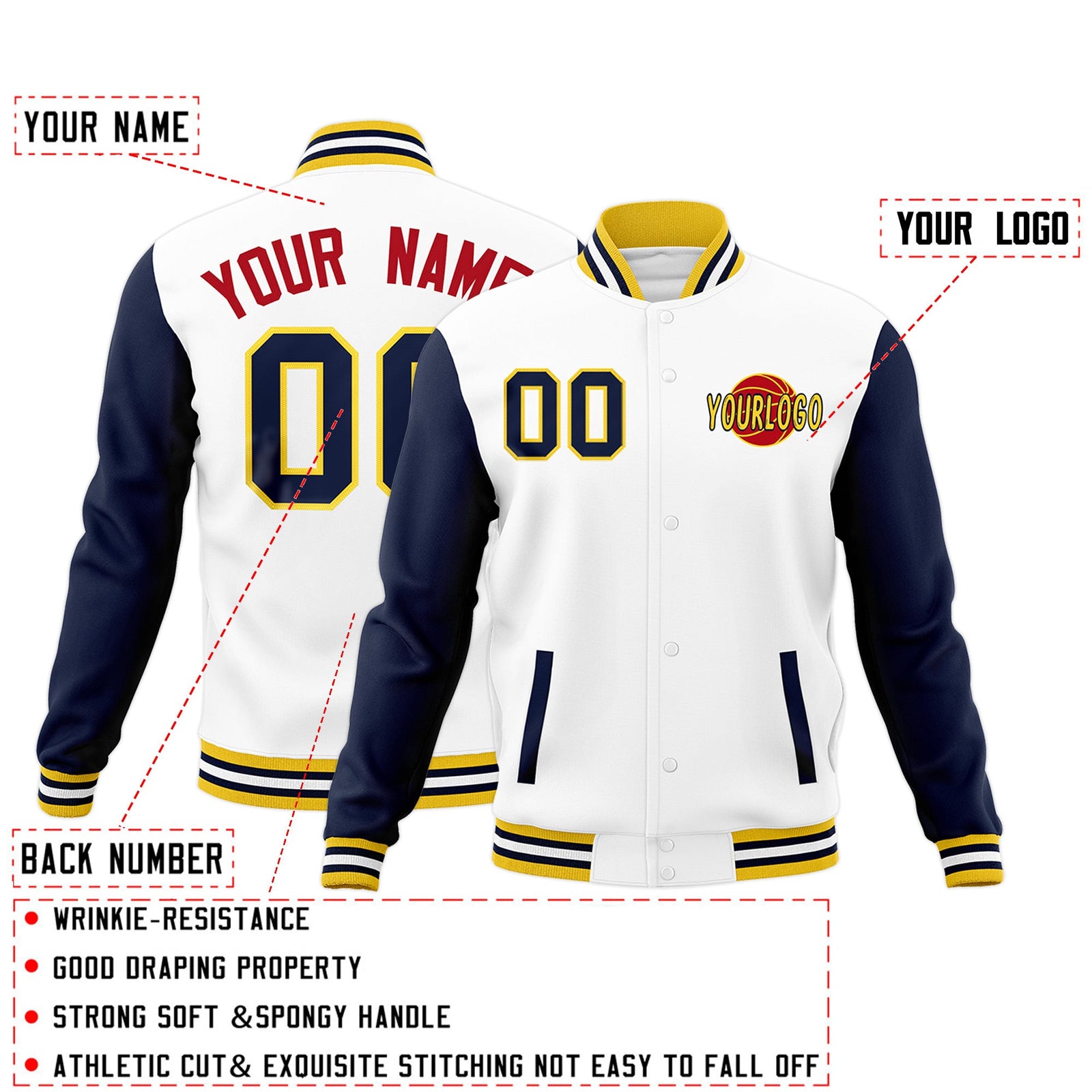 Custom White Navy Gold Raglan Sleeves Classic Style Letterman Cotton Fabric Jacket| KXKSHOP