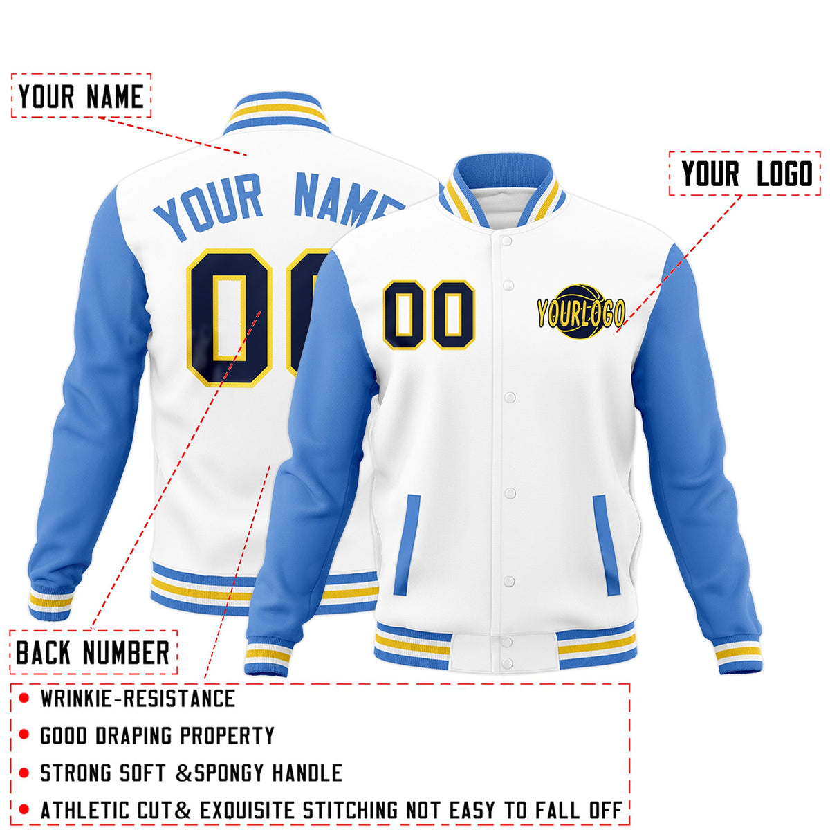 Custom White Powder Blue Gold Raglan Sleeves Classic Style Letterman Cotton Fabric Jacket| KXKSHOP