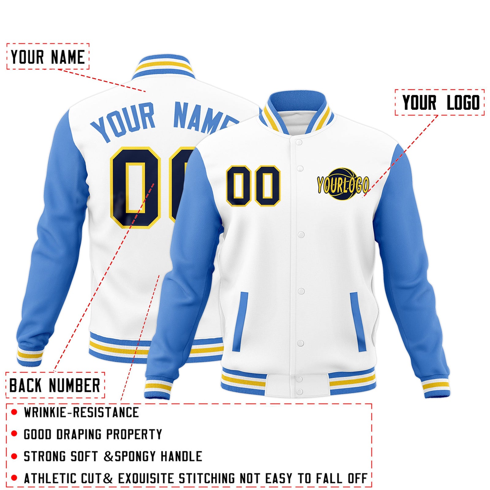 Custom White Powder Blue Gold Raglan Sleeves Classic Style Letterman Cotton Fabric Jacket| KXKSHOP
