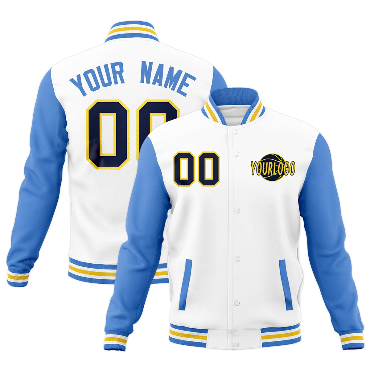 Custom White Powder Blue Gold Raglan Sleeves Classic Style Letterman Cotton Fabric Jacket| KXKSHOP