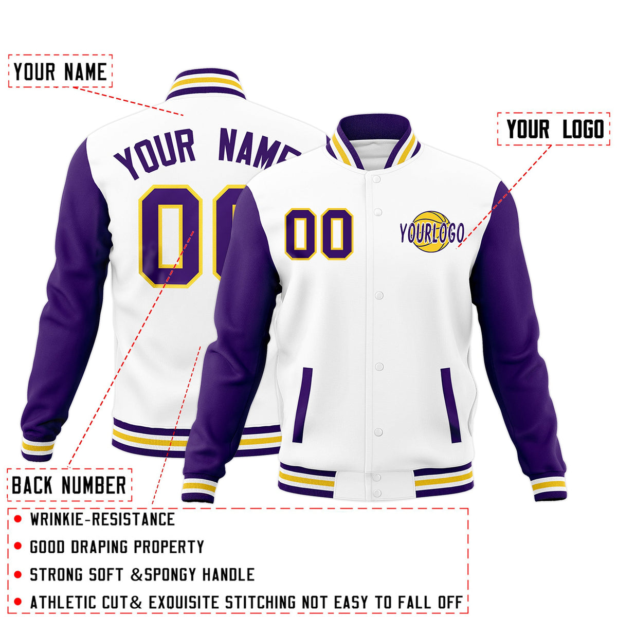 Custom White Purple Gold Raglan Sleeves Classic Style Letterman Cotton Fabric Jacket| KXKSHOP