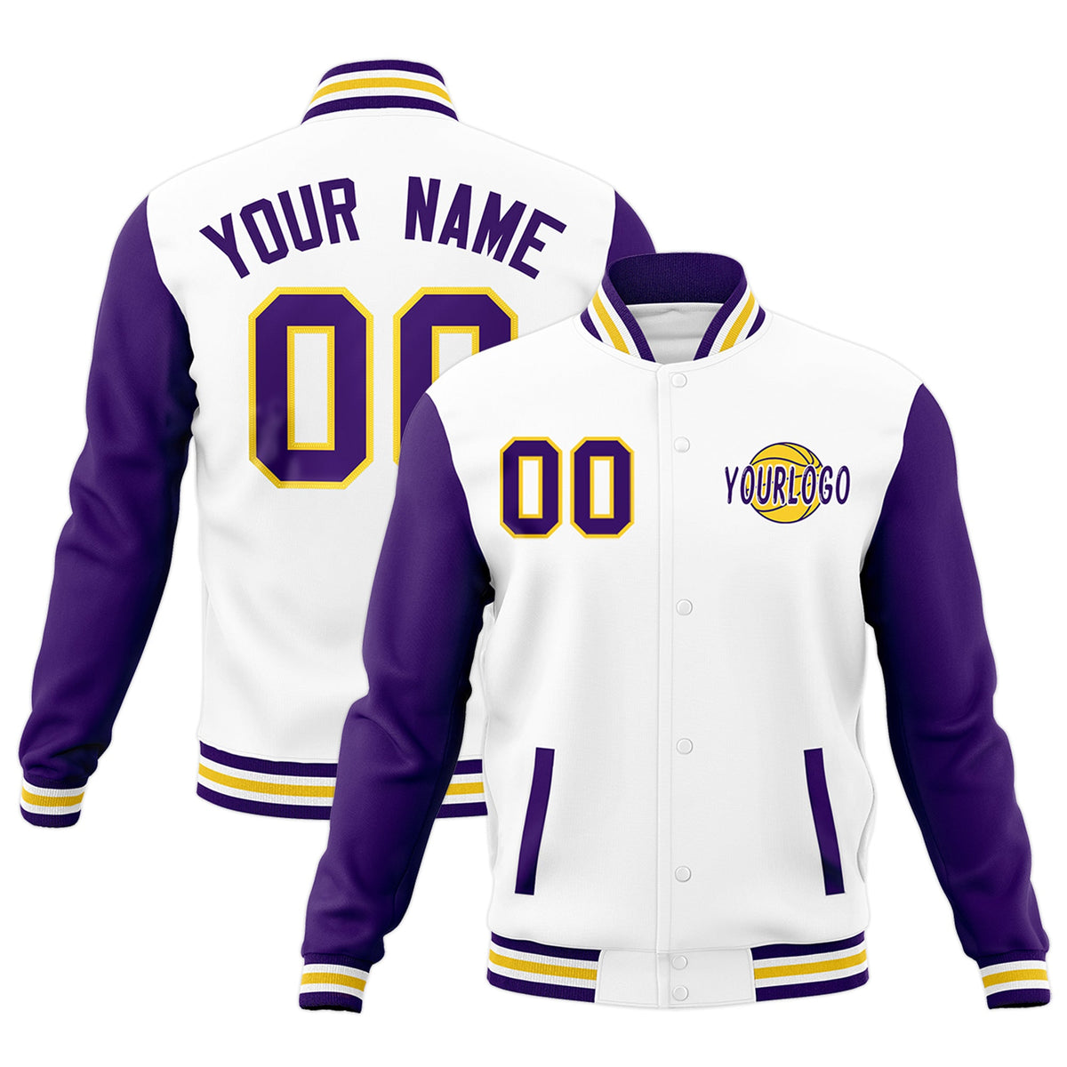 Custom White Purple Gold Raglan Sleeves Classic Style Letterman Cotton Fabric Jacket| KXKSHOP
