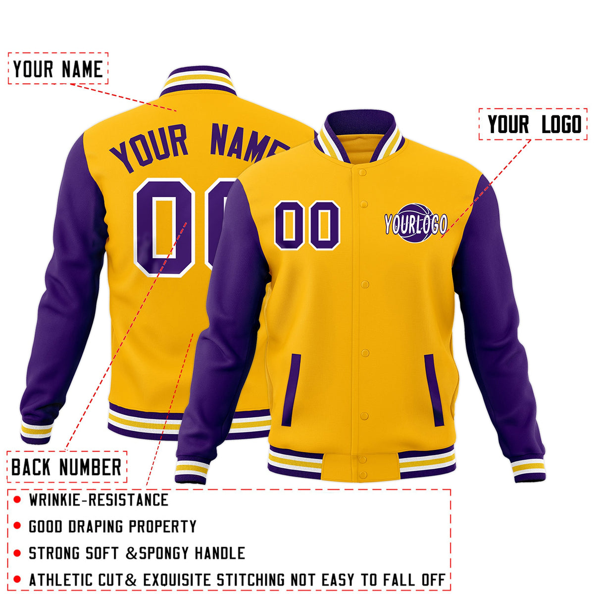 Custom Gold Purple White Raglan Sleeves Classic Style Letterman Cotton Fabric Jacket| KXKSHOP