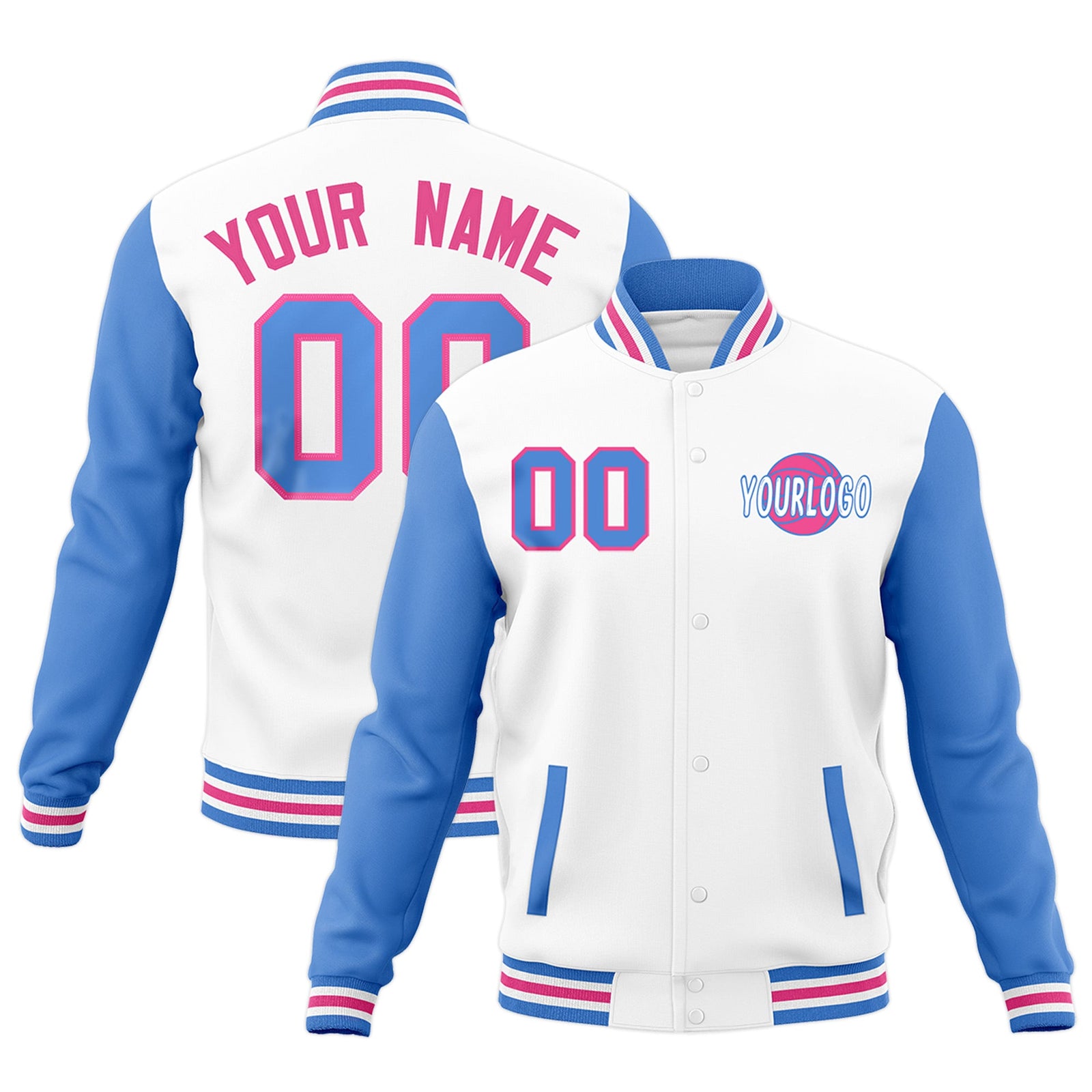 Custom White Powder Blue Pink Raglan Sleeves Classic Style Letterman Cotton Fabric Jacket| KXKSHOP