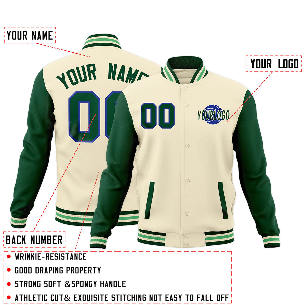 Custom Cream Green Raglan Sleeves Classic Style Letterman Cotton Fabric Jacket| KXKSHOP