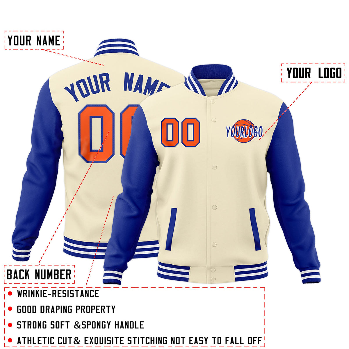 Custom Cream Royal Blue White Raglan Sleeves Classic Style Letterman Cotton Fabric Jacket| KXKSHOP