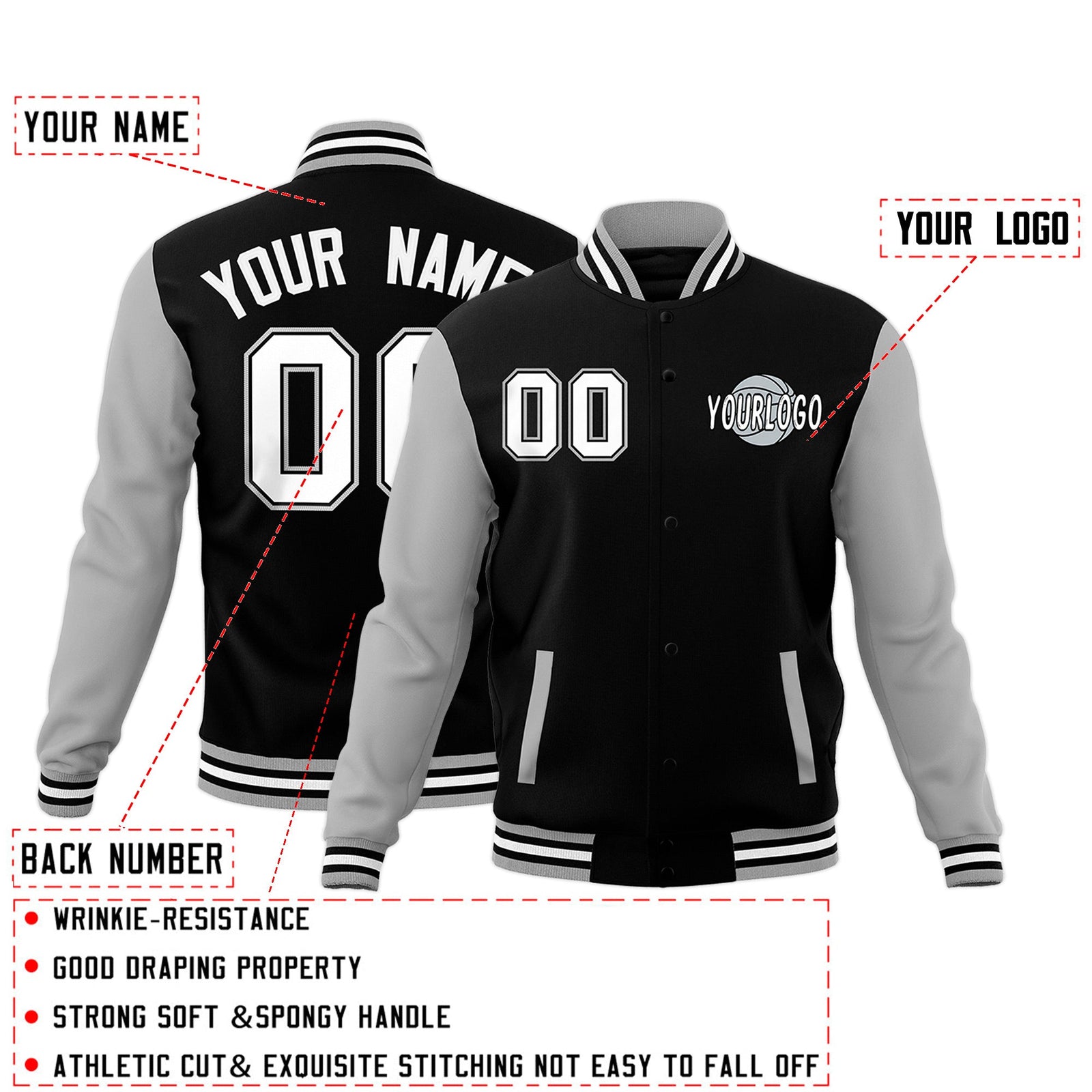 Custom Gray Black White Raglan Sleeves Classic Style Letterman Cotton Fabric Jacket| KXKSHOP