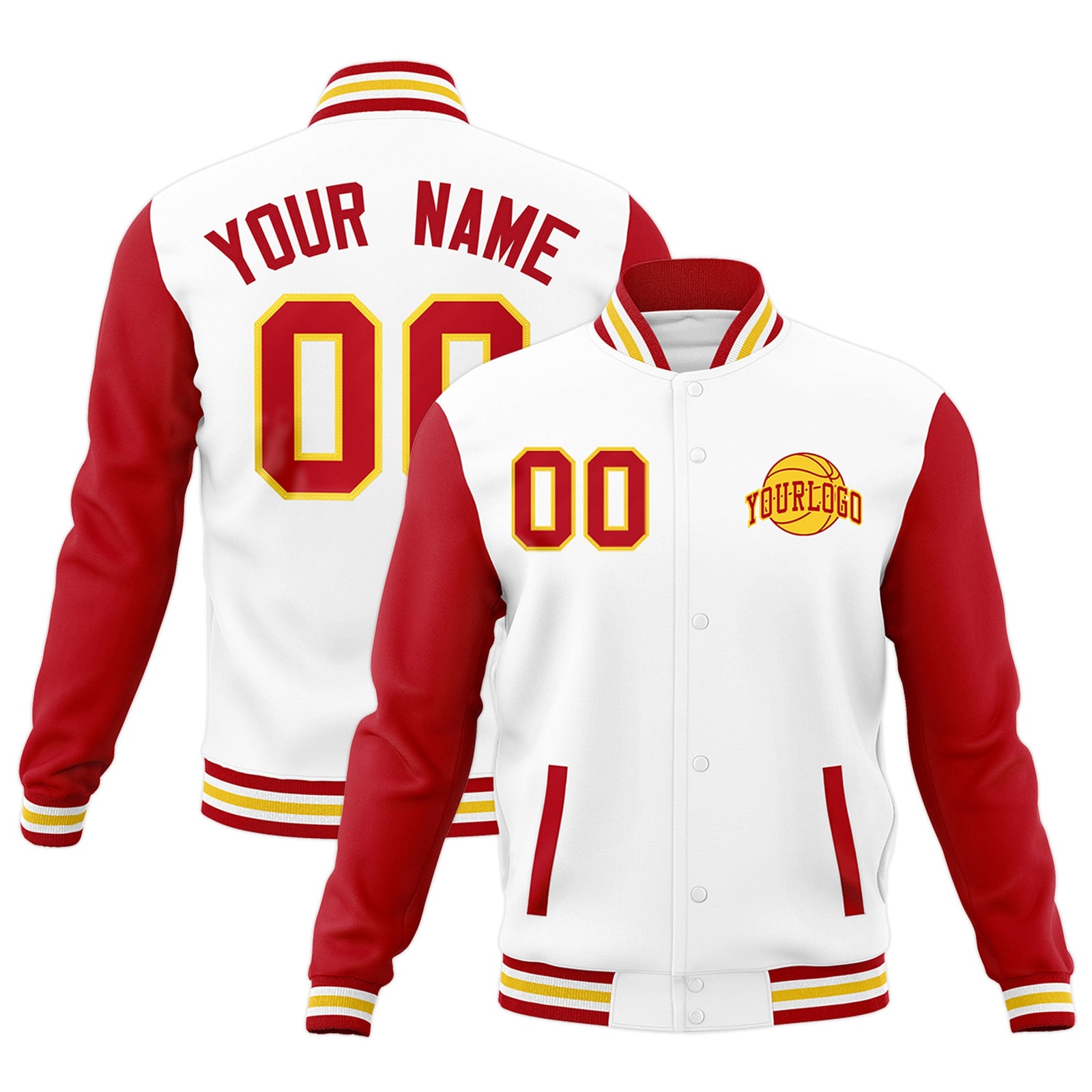 Custom White Red Gold Raglan Sleeves Classic Style Letterman Cotton Fabric Jacket| KXKSHOP