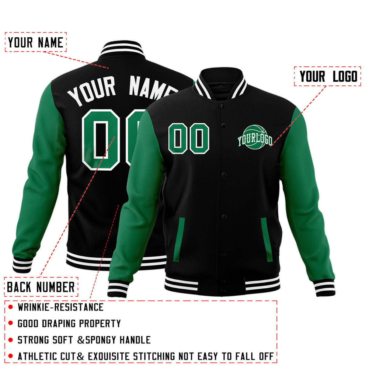 Custom Black Kelly Green White Raglan Sleeves Classic Style Letterman Cotton Fabric Jacket| KXKSHOP