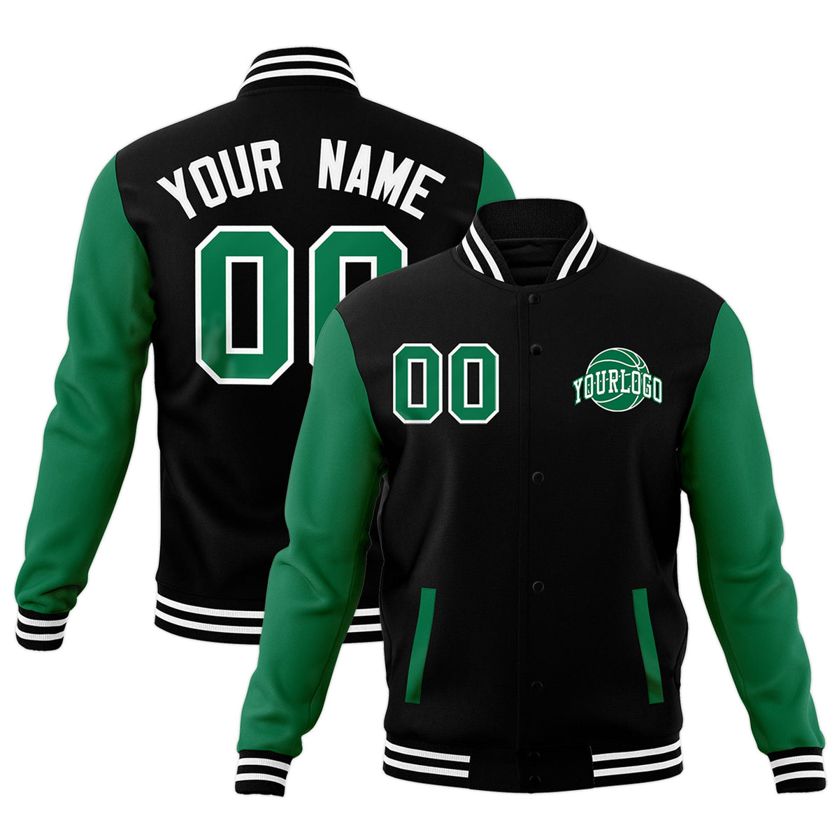Custom Black Kelly Green White Raglan Sleeves Classic Style Letterman Cotton Fabric Jacket| KXKSHOP