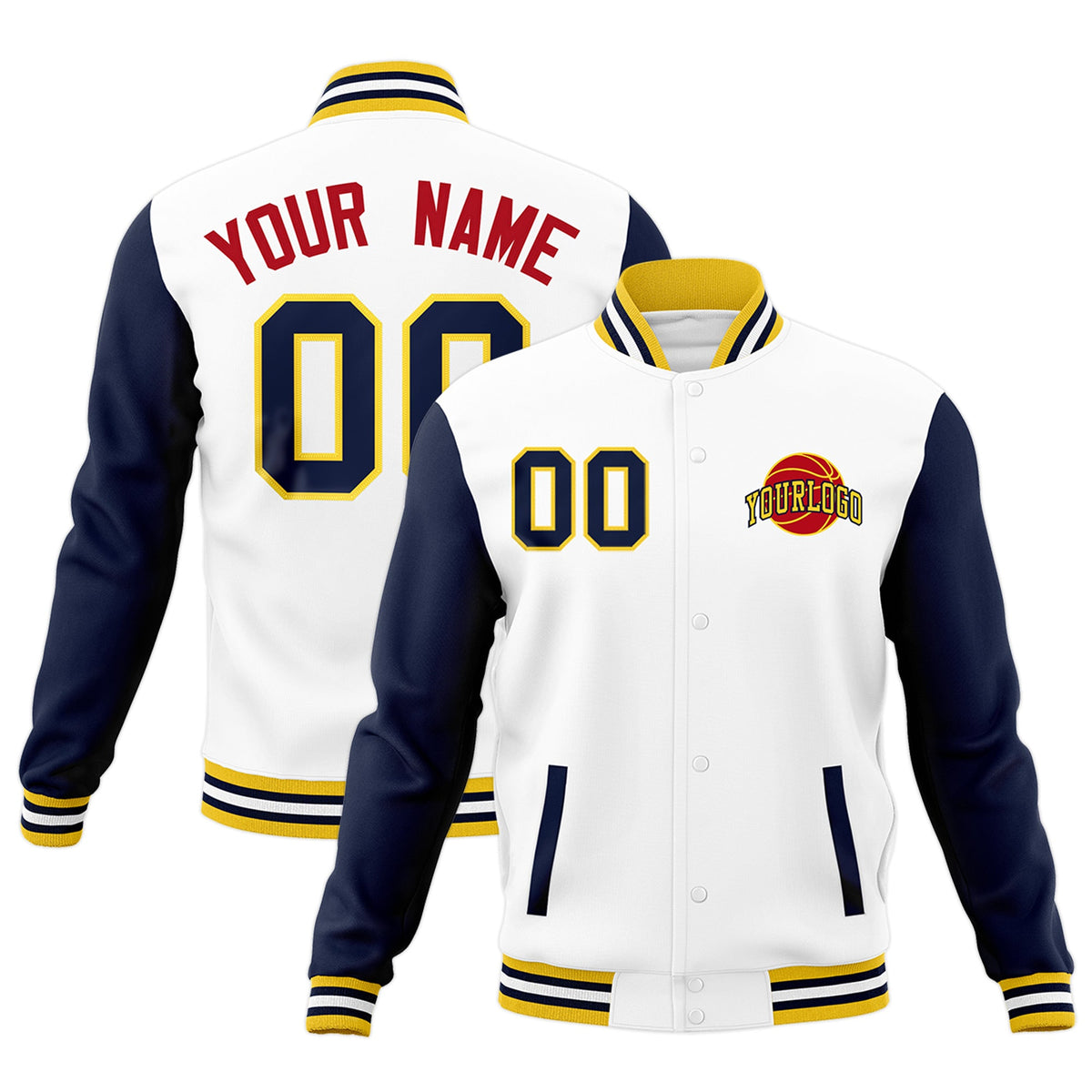 Custom White Navy Gold Raglan Sleeves Classic Style Letterman Cotton Fabric Jacket| KXKSHOP