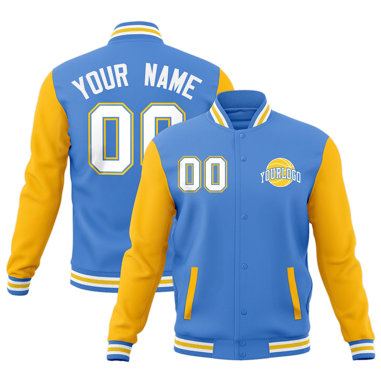 Custom Powder Blue White Gold Raglan Sleeves Classic Style Letterman Cotton Fabric Jacket| KXKSHOP