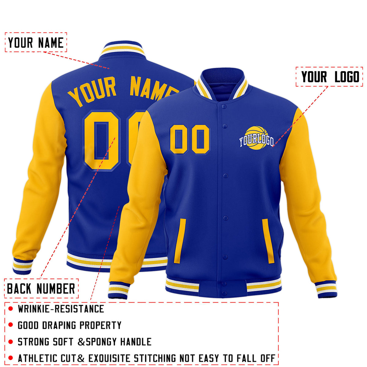 Custom Royal Blue White Gold Raglan Sleeves Classic Style Letterman Cotton Fabric Jacket| KXKSHOP