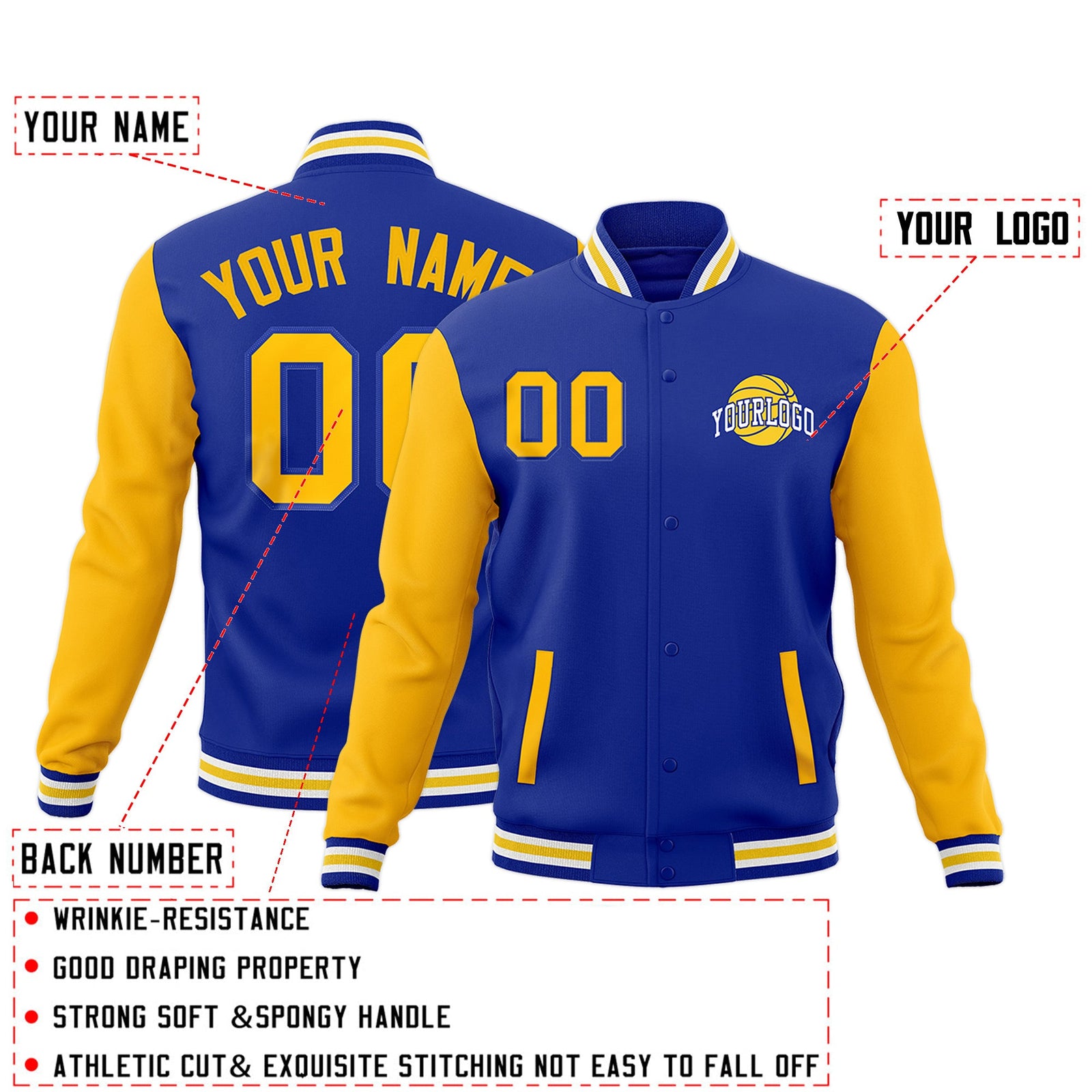 Custom Royal Blue White Gold Raglan Sleeves Classic Style Letterman Cotton Fabric Jacket| KXKSHOP