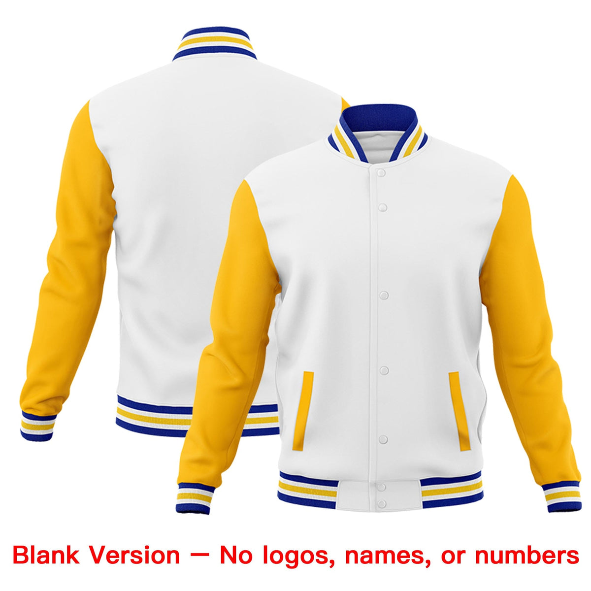 Custom White Royal Blue Gold Raglan Sleeves Classic Style Letterman Cotton Fabric Jacket| KXKSHOP