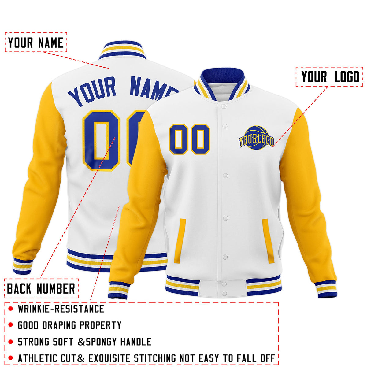 Custom White Royal Blue Gold Raglan Sleeves Classic Style Letterman Cotton Fabric Jacket| KXKSHOP