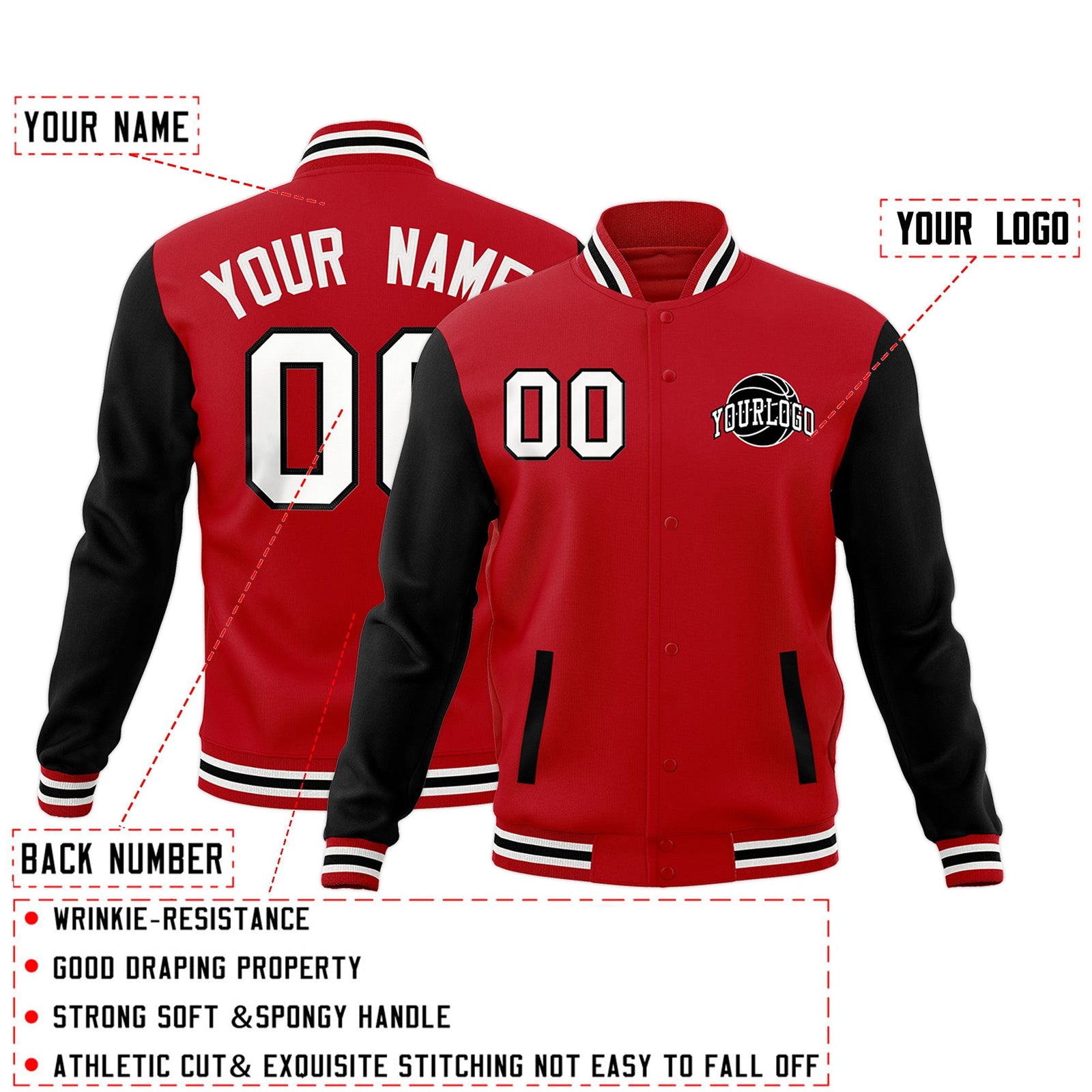 Custom Red Black White Raglan Sleeves Classic Style Letterman Cotton Fabric Jacket| KXKSHOP