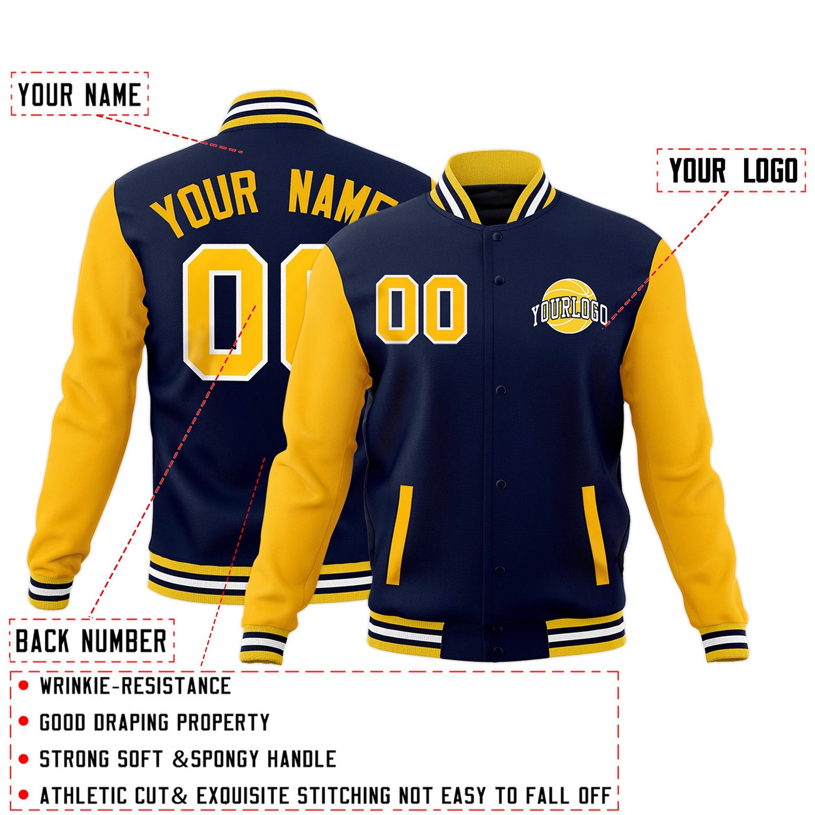Custom Navy Gold White Raglan Sleeves Classic Style Letterman Cotton Fabric Jacket| KXKSHOP