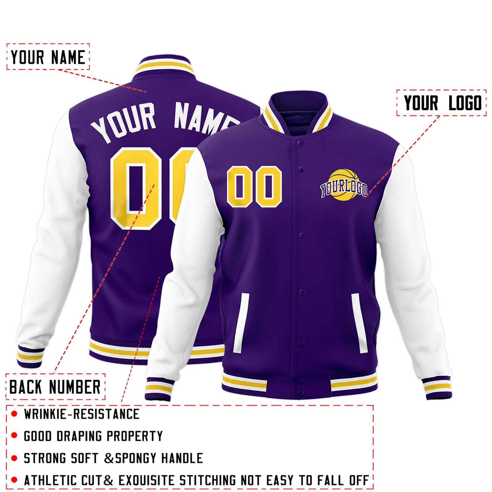 Custom Purple White Gold Raglan Sleeves Classic Style Letterman Cotton Fabric Jacket| KXKSHOP