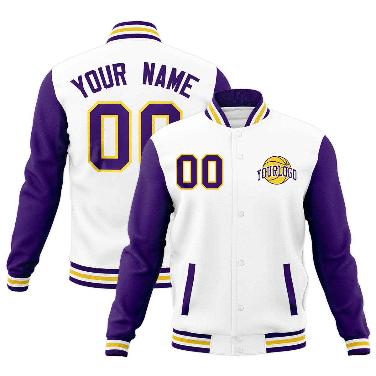 Custom White Purple Gold Raglan Sleeves Classic Style Letterman Cotton Fabric Jacket| KXKSHOP
