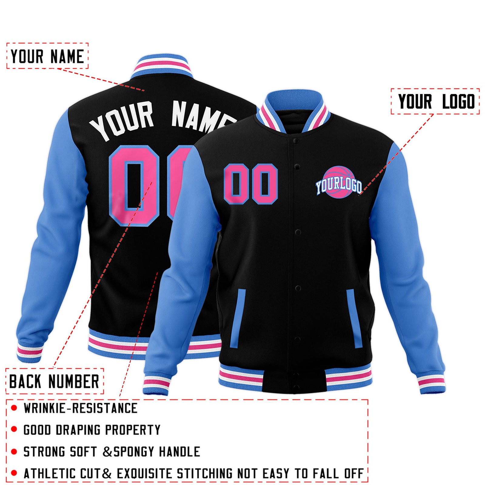 Custom Black Powder Blue White Raglan Sleeves Classic Style Letterman Cotton Fabric Jacket| KXKSHOP