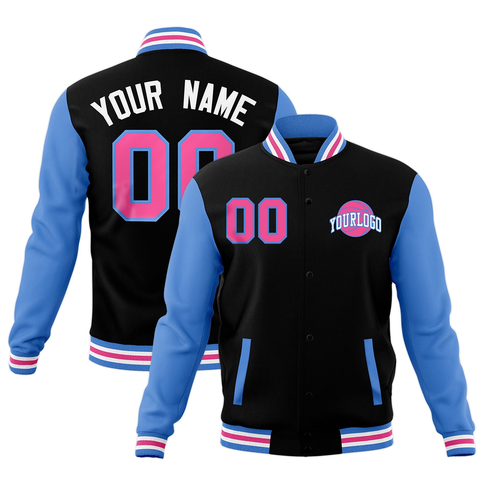 Custom Black Powder Blue White Raglan Sleeves Classic Style Letterman Cotton Fabric Jacket| KXKSHOP