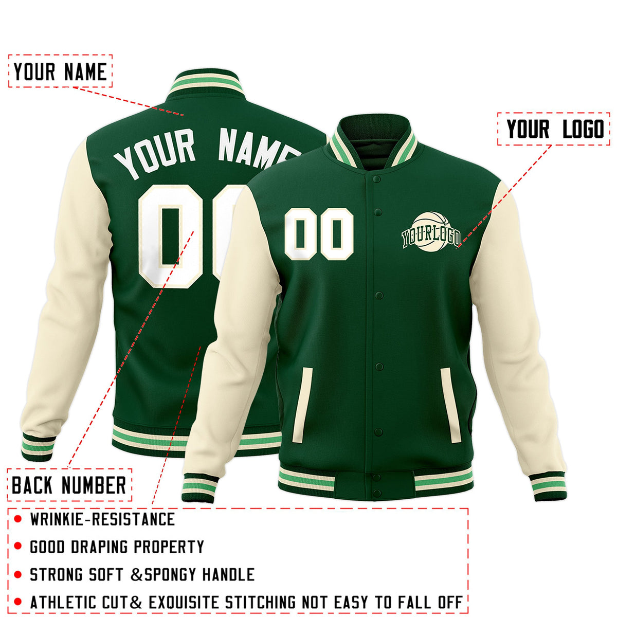 Custom Green Cream Raglan Sleeves Classic Style Letterman Cotton Fabric Jacket| KXKSHOP