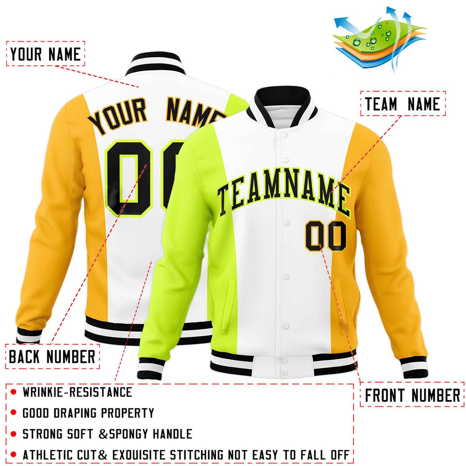 Custom White Fluorescent Green Yellow Personalization Varsity Full-Snap Three Color Blocks Letterman Jacket