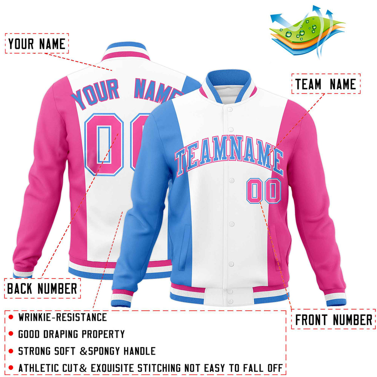 Custom White Powder Blue Pink Personalization Varsity Full-Snap Three Color Blocks Letterman Jacket