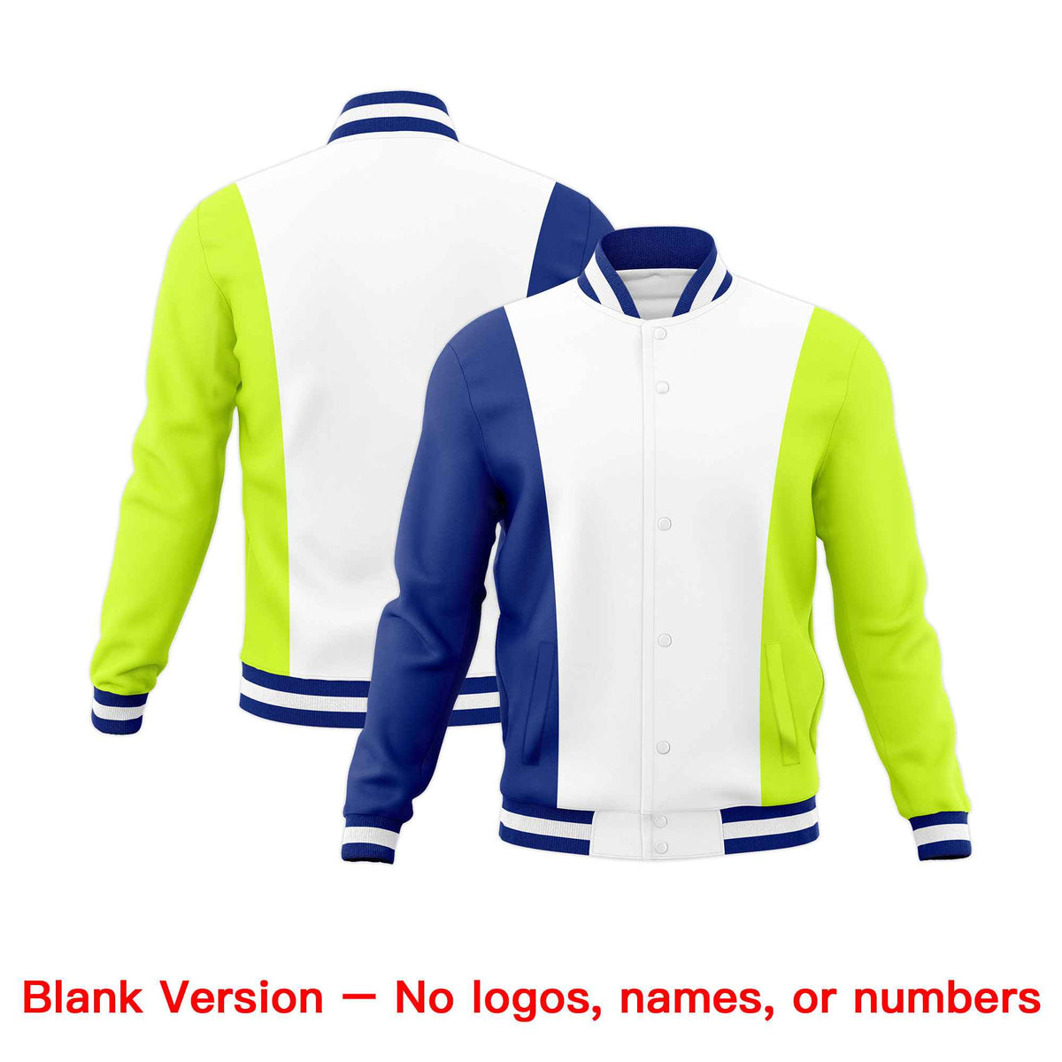 Custom White Royal Blue Fluorescent Green Personalization Varsity Full-Snap Three Color Blocks Letterman Jacket