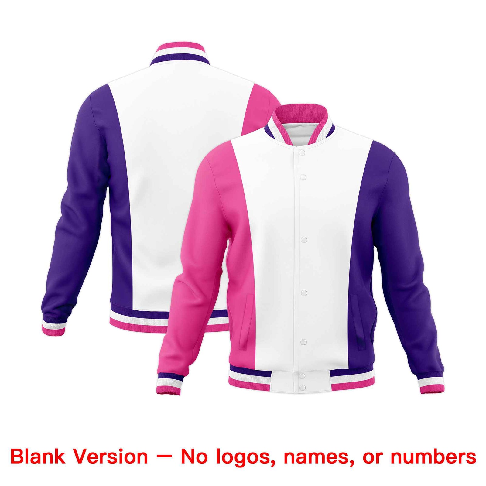 Custom White Pink Purple Personalization Varsity Full-Snap Three Color Blocks Letterman Jacket