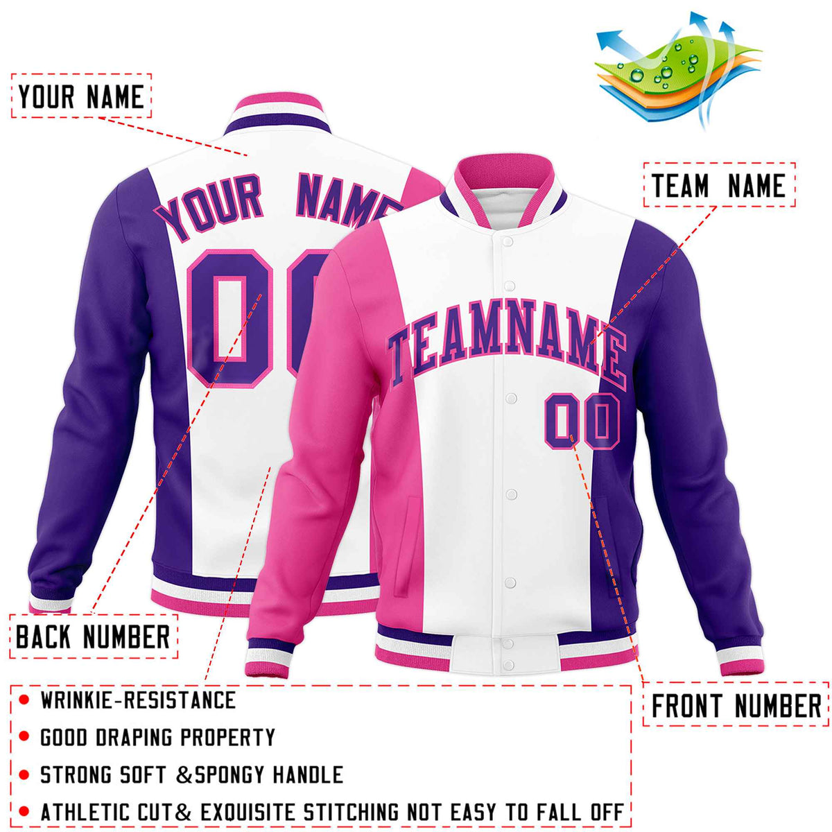 Custom White Pink Purple Personalization Varsity Full-Snap Three Color Blocks Letterman Jacket