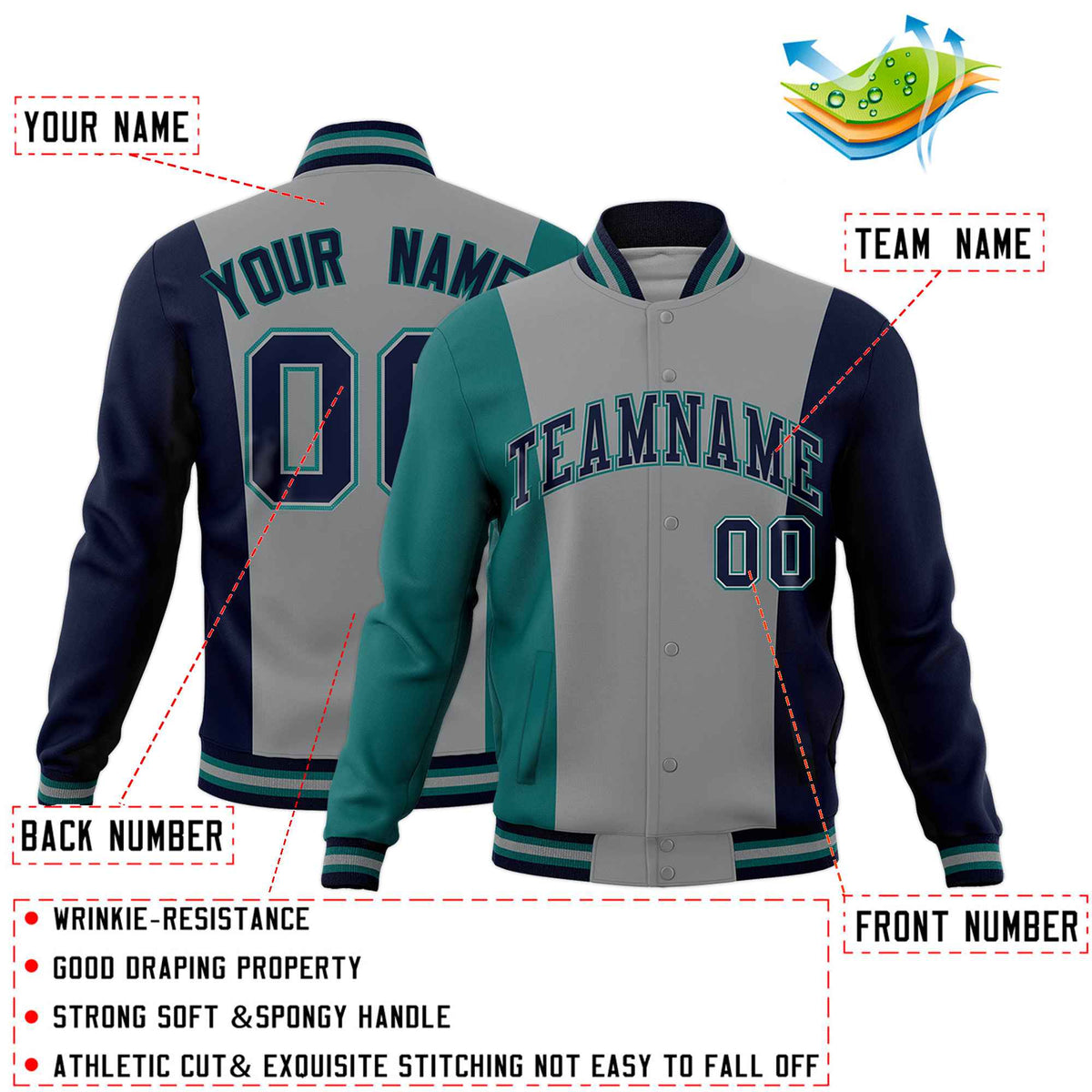 Custom Gray Teal Navy Personalization Varsity Full-Snap Three Color Blocks Letterman Jacket