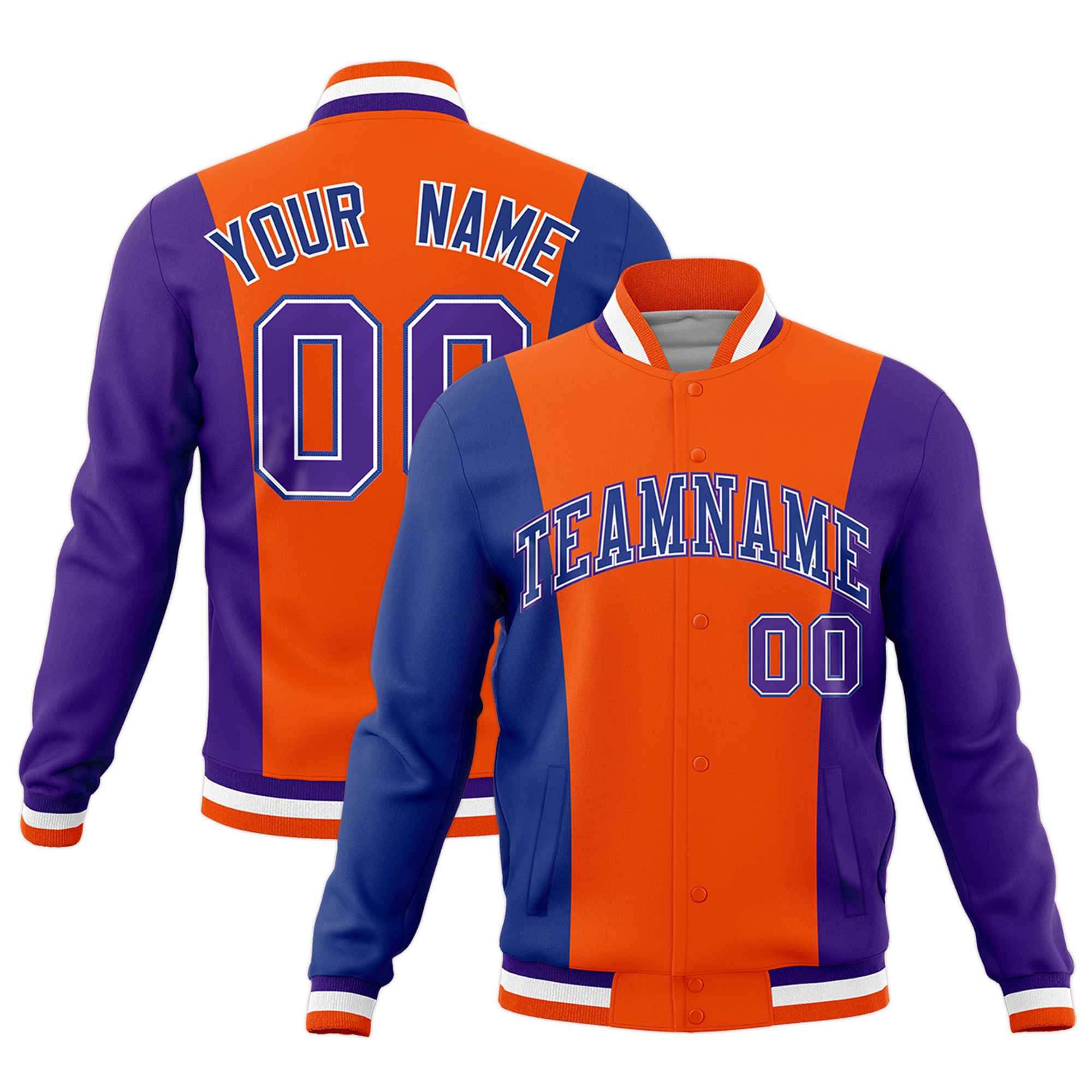 Custom Orange Royal Blue Purple Personalization Varsity Full-Snap Three Color Blocks Letterman Jacket