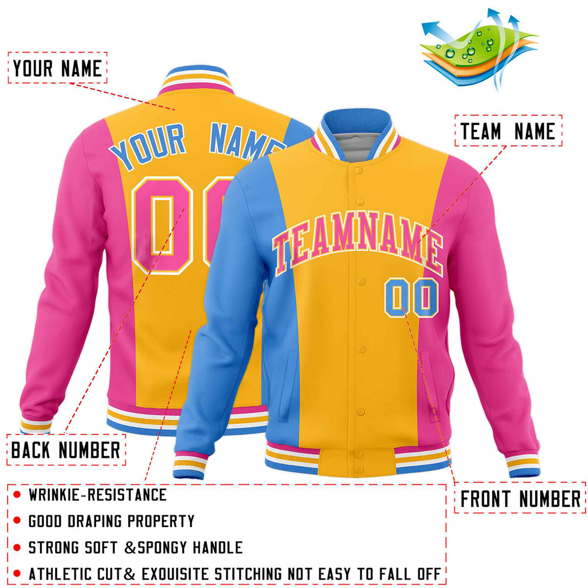 Custom Yellow Powder Blue Pink Personalization Varsity Full-Snap Three Color Blocks Letterman Jacket