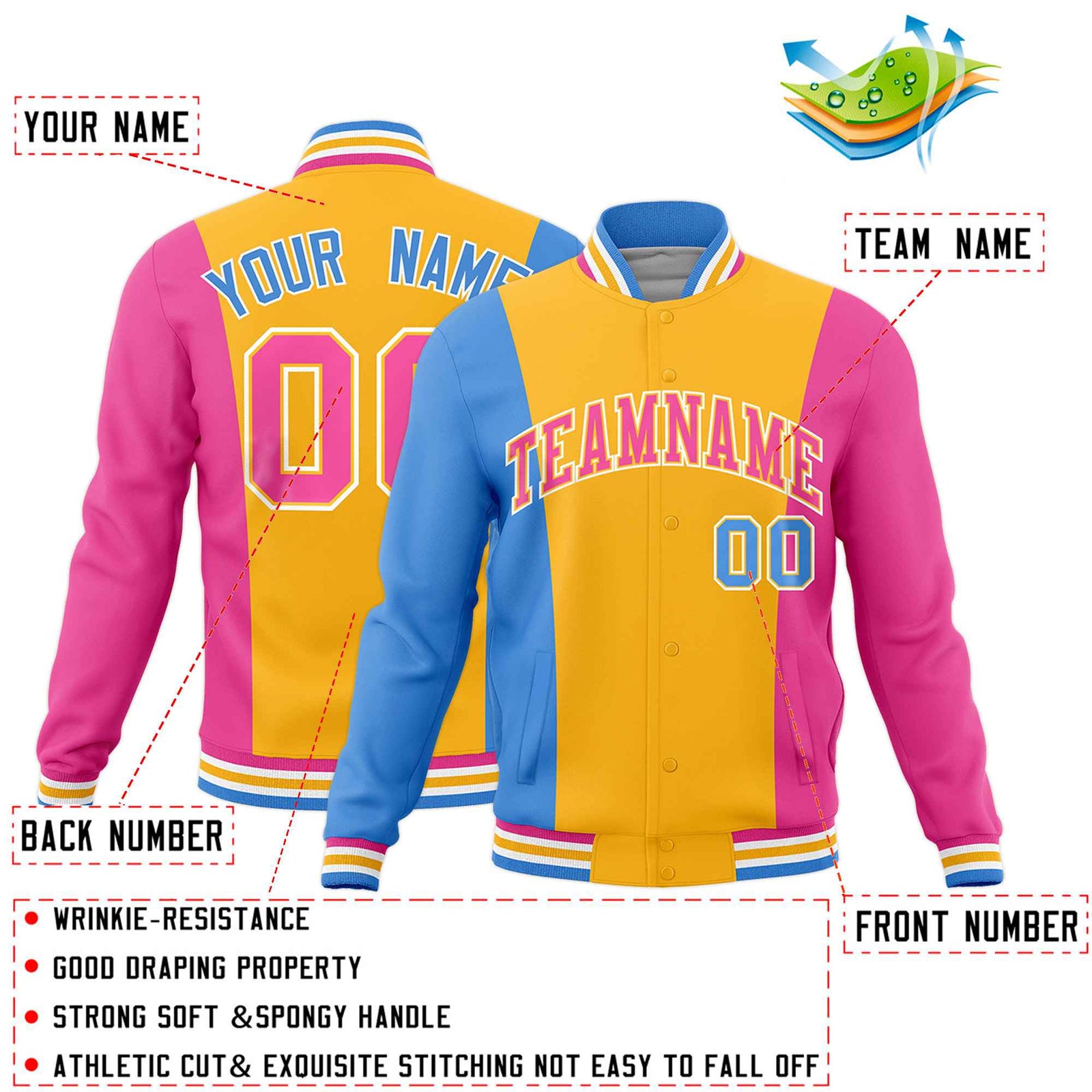 Custom Yellow Powder Blue Pink Personalization Varsity Full-Snap Three Color Blocks Letterman Jacket