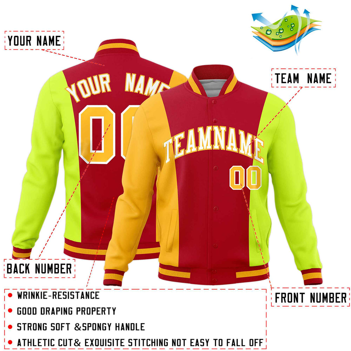Custom Red Yellow Fluorescent Green Personalization Varsity Full-Snap Three Color Blocks Letterman Jacket