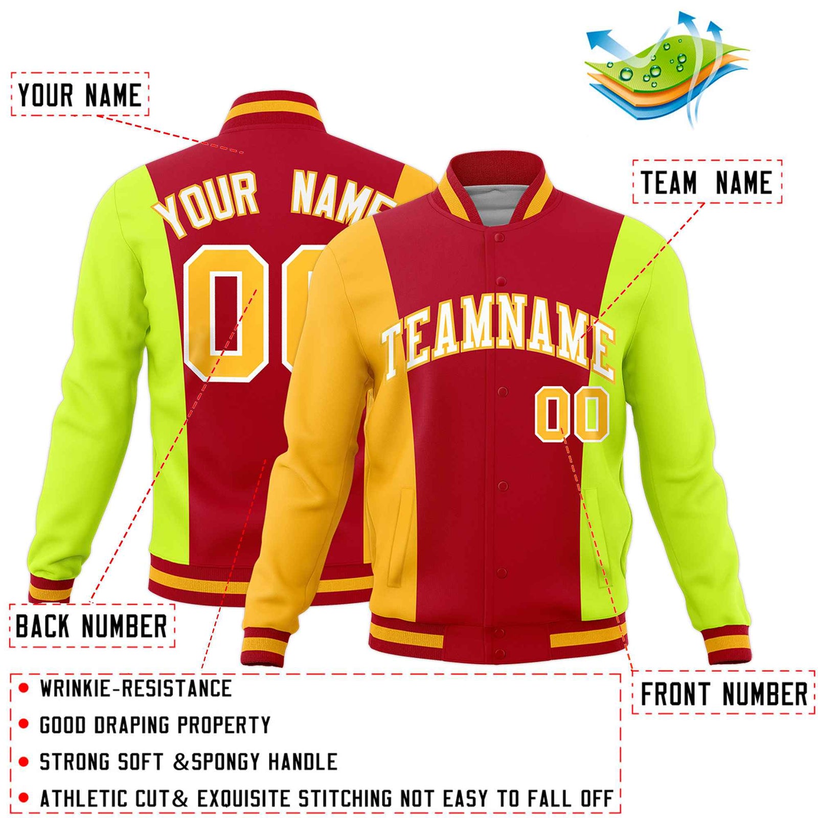 Custom Red Yellow Fluorescent Green Personalization Varsity Full-Snap Three Color Blocks Letterman Jacket