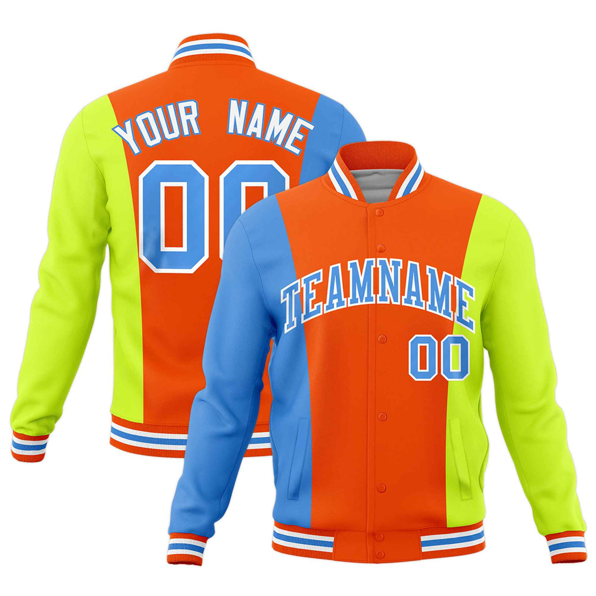 Custom Orange Powder Blue Fluorescent Green Personalization Varsity Full-Snap Three Color Blocks Letterman Jacket