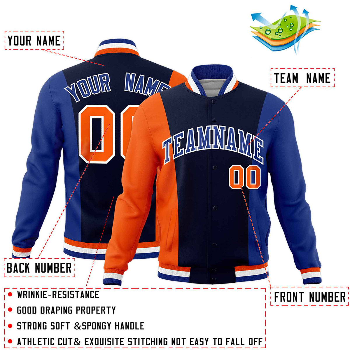 Custom Navy Orange Royal Blue Personalization Varsity Full-Snap Three Color Blocks Letterman Jacket